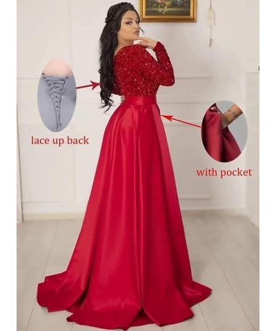 V Neck Long Sleeve Prom Dresses with Slit Sequin Satin Formal Evening Gowns with Pockets for Women Black-dusty Rose $38.24 Dr...