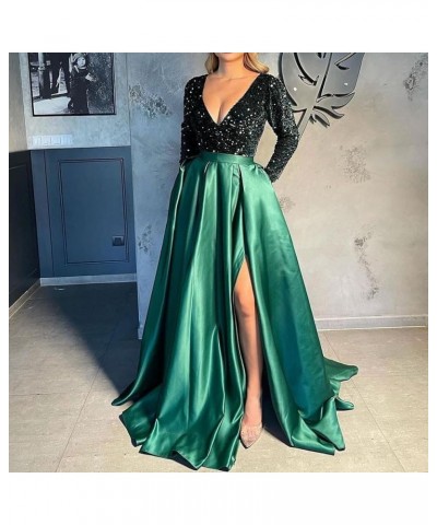 V Neck Long Sleeve Prom Dresses with Slit Sequin Satin Formal Evening Gowns with Pockets for Women Black-dusty Rose $38.24 Dr...