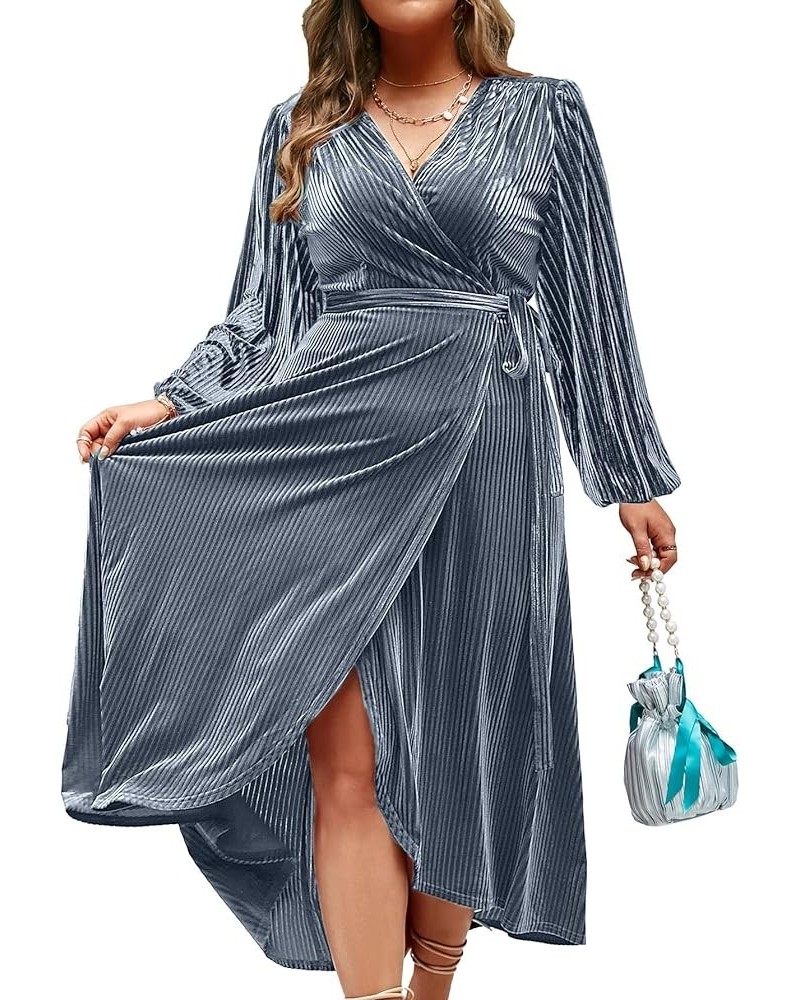 Women's Boho V Neck Ruffle Floral Wrap Maxi Dress Plus Size-Velvet-Long Sleeve Z-velvet Plus-long Sleeve Light Blue(faux Wrap...