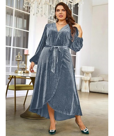 Women's Boho V Neck Ruffle Floral Wrap Maxi Dress Plus Size-Velvet-Long Sleeve Z-velvet Plus-long Sleeve Light Blue(faux Wrap...