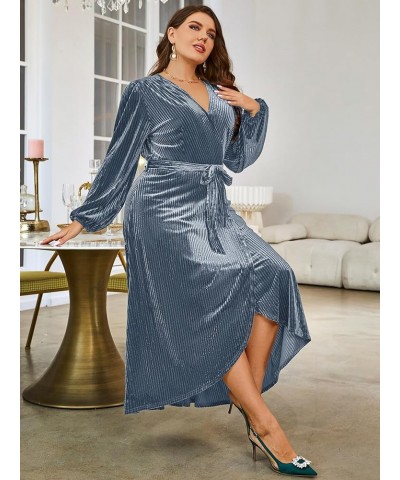 Women's Boho V Neck Ruffle Floral Wrap Maxi Dress Plus Size-Velvet-Long Sleeve Z-velvet Plus-long Sleeve Light Blue(faux Wrap...