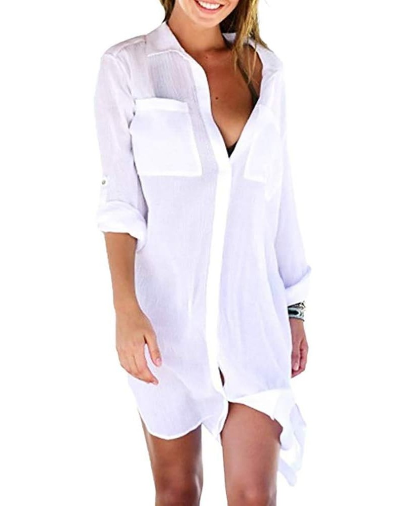 Women Vogue Button Down Crinkle Chiffon Shirts Bathing Suit Cover up Sexy Beachwear White $13.91 Swimsuits