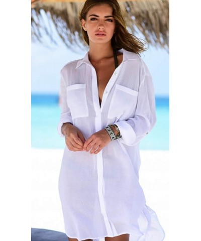 Women Vogue Button Down Crinkle Chiffon Shirts Bathing Suit Cover up Sexy Beachwear White $13.91 Swimsuits