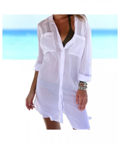 Women Vogue Button Down Crinkle Chiffon Shirts Bathing Suit Cover up Sexy Beachwear White $13.91 Swimsuits