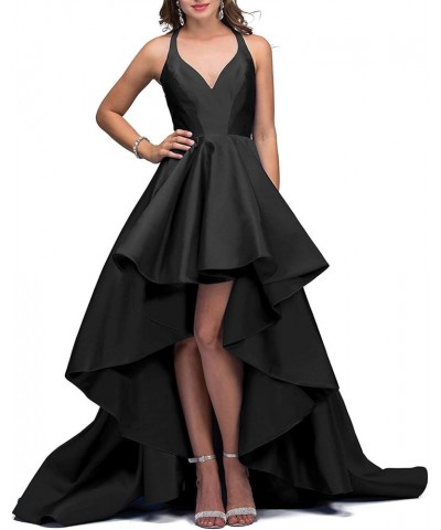 Halter High Low Prom Dress Long A-line Satin Formal Evening Party Gown Black $47.69 Dresses