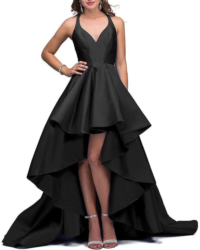 Halter High Low Prom Dress Long A-line Satin Formal Evening Party Gown Black $47.69 Dresses