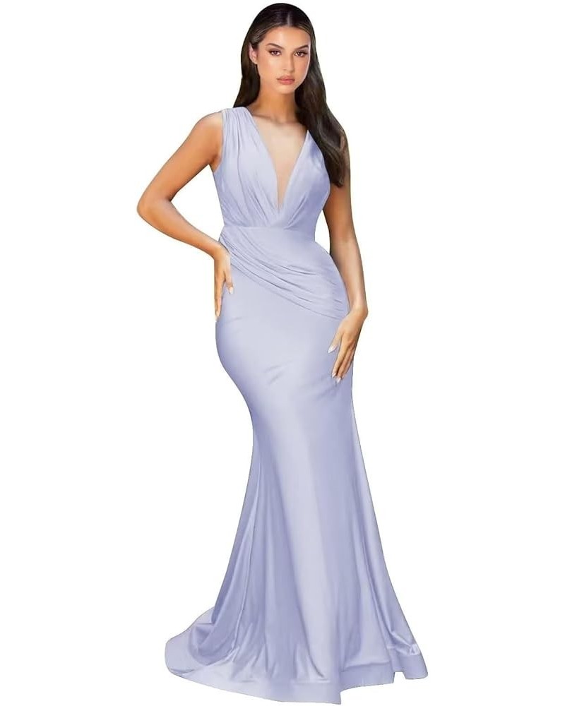 Satin Bridesmaid Dresses Mermaid V Neck Formal Dresses Ruched Wedding Evening Gowns Lavender $34.83 Dresses