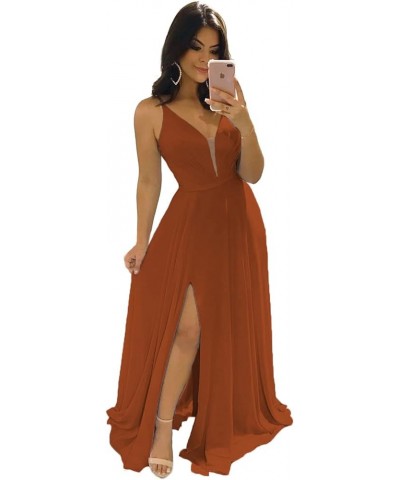 Women's V-Neck Bridesmaid Dresses for Women Long Simple A-Line Formal Dresses with Slit Cf078 Burnt Orange $20.50 Dresses