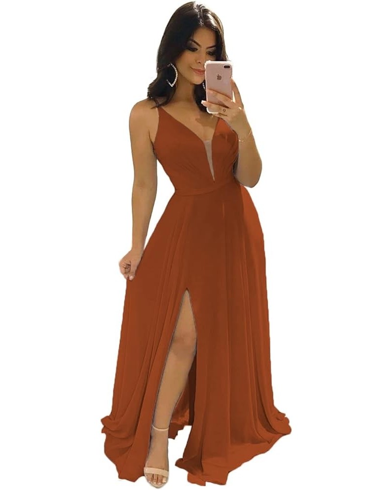 Women's V-Neck Bridesmaid Dresses for Women Long Simple A-Line Formal Dresses with Slit Cf078 Burnt Orange $20.50 Dresses