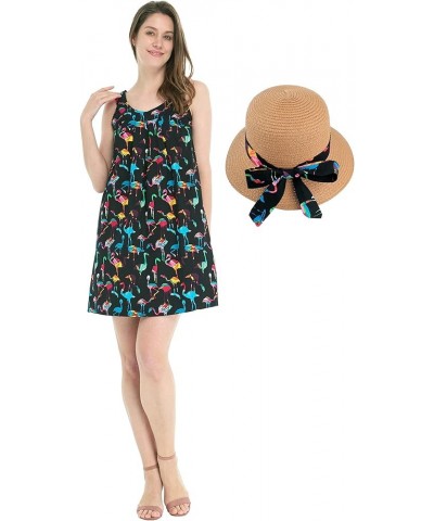 Women's Round Neck Shift Dress in Orchid Paradise Navy Flamingo Party Black + Hat $24.50 Dresses