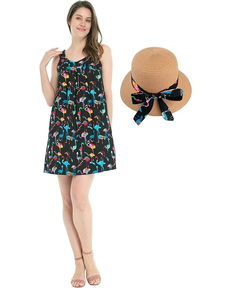 Women's Round Neck Shift Dress in Orchid Paradise Navy Flamingo Party Black + Hat $24.50 Dresses