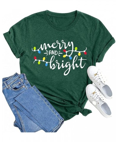 Christmas Shirts Womens Merry and Bright Shirt Xmas Holiday Tshirt Christmas Lights Tee Tops Green $12.25 T-Shirts