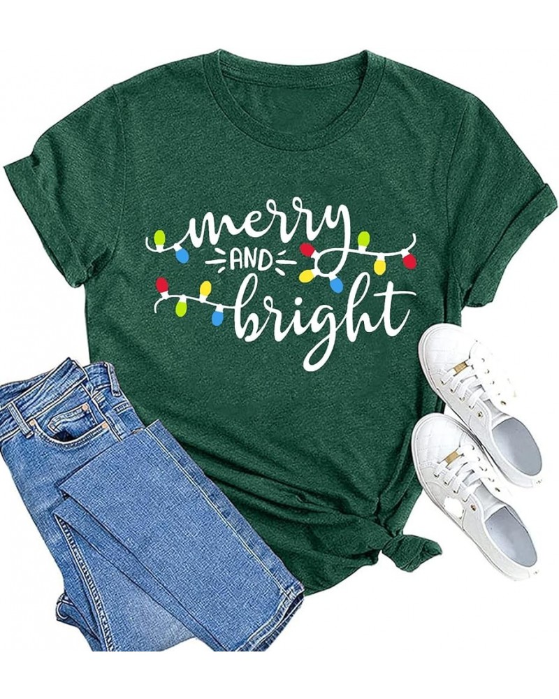 Christmas Shirts Womens Merry and Bright Shirt Xmas Holiday Tshirt Christmas Lights Tee Tops Green $12.25 T-Shirts