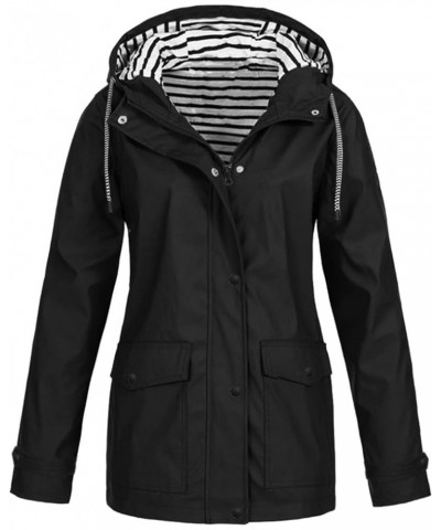 Women's Waterproof Ski Jacket Stripe Winter Jacket Outdoor Plus Waterproof Hooded Raincoat Windproof Wool Coats Black-2 $22.4...