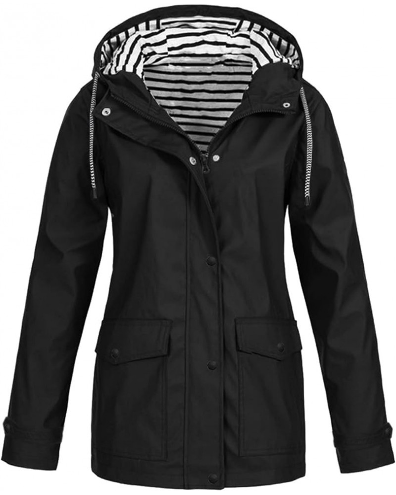 Women's Waterproof Ski Jacket Stripe Winter Jacket Outdoor Plus Waterproof Hooded Raincoat Windproof Wool Coats Black-2 $22.4...