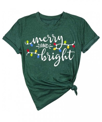 Christmas Shirts Womens Merry and Bright Shirt Xmas Holiday Tshirt Christmas Lights Tee Tops Green $12.25 T-Shirts