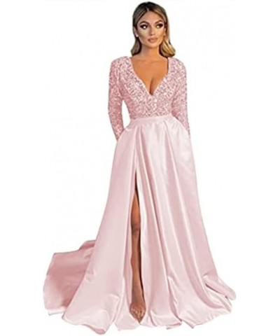 Women's High Split Evening Dress V Neck Prom Gown Long Sleeve Party Gown B-blush Pink $30.55 Dresses