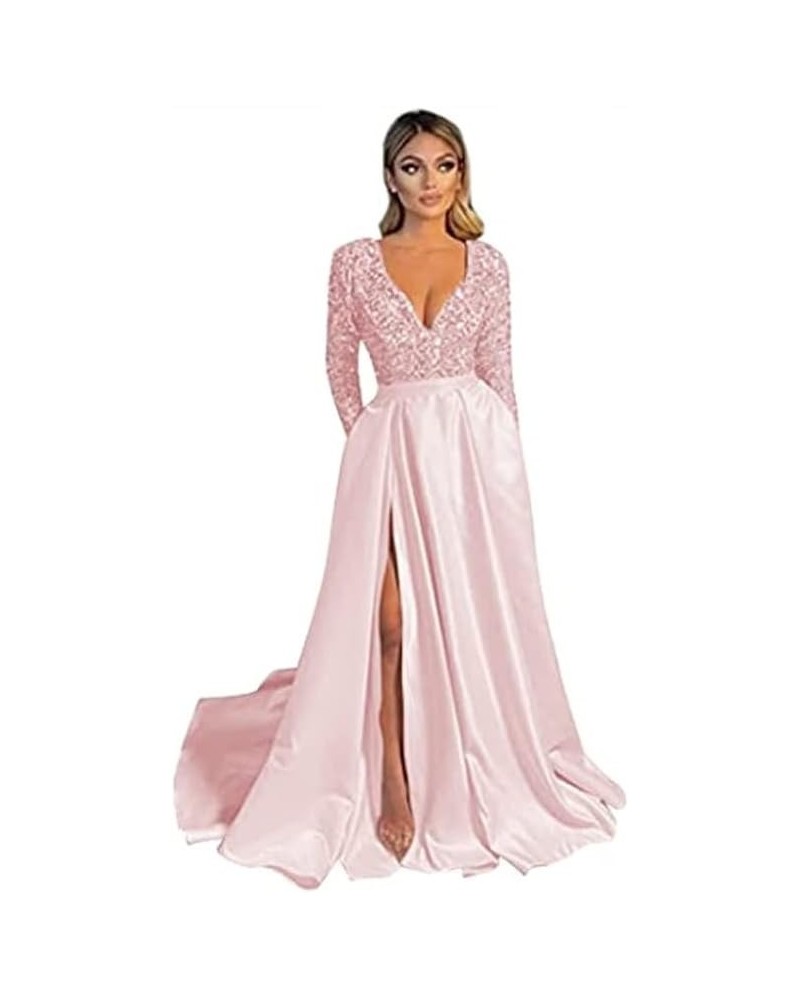 Women's High Split Evening Dress V Neck Prom Gown Long Sleeve Party Gown B-blush Pink $30.55 Dresses