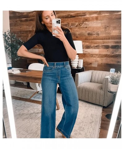 Spacehy Seamed Front Wide Leg Pants, Front Seam Denim Jeans Blue Short $16.95 Jeans