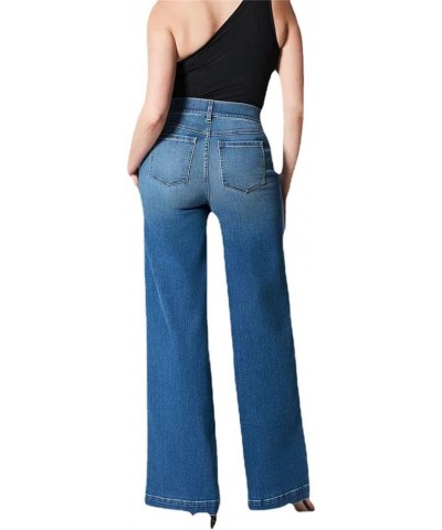 Spacehy Seamed Front Wide Leg Pants, Front Seam Denim Jeans Blue Short $16.95 Jeans