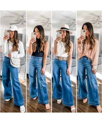 Spacehy Seamed Front Wide Leg Pants, Front Seam Denim Jeans Blue Short $16.95 Jeans