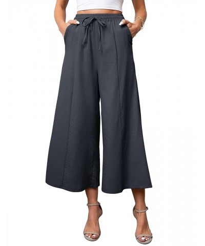 Women Linen Pants Palazzo Wide-Leg Drawstring Casual Loose Crop Elastic Waist Cotton Beach Pants Culottes Trousers Deep Gray ...