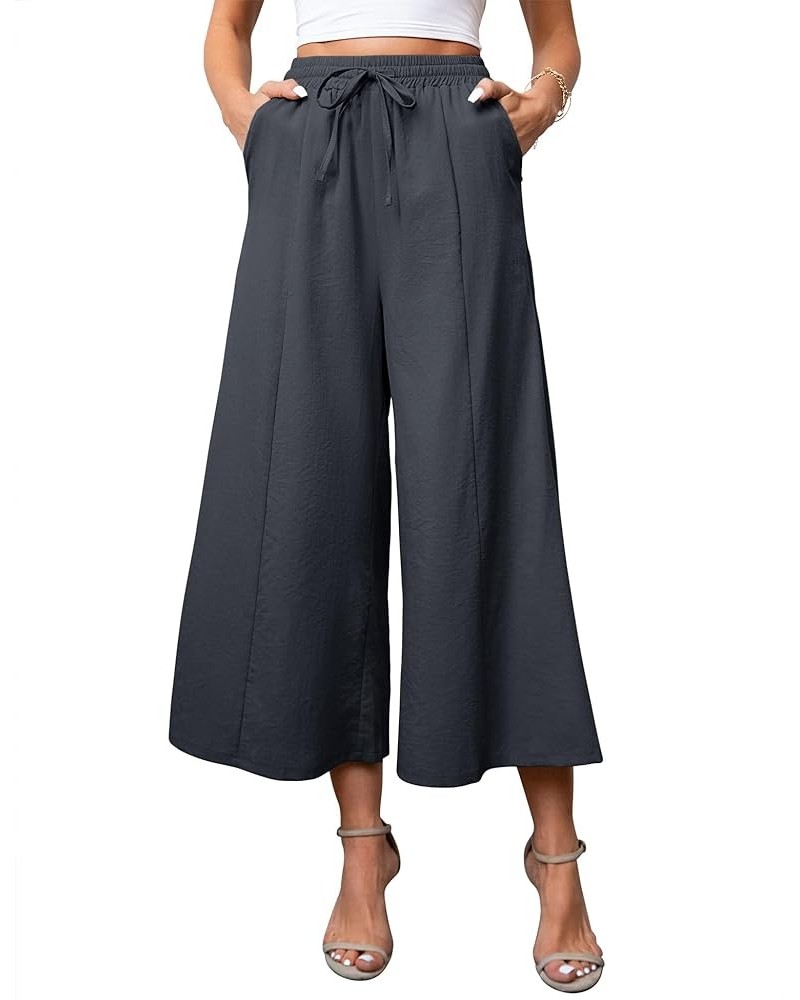 Women Linen Pants Palazzo Wide-Leg Drawstring Casual Loose Crop Elastic Waist Cotton Beach Pants Culottes Trousers Deep Gray ...