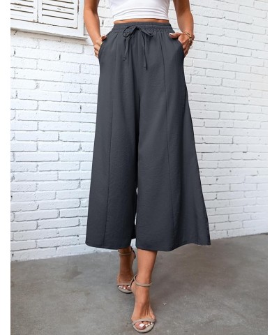 Women Linen Pants Palazzo Wide-Leg Drawstring Casual Loose Crop Elastic Waist Cotton Beach Pants Culottes Trousers Deep Gray ...