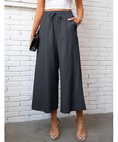 Women Linen Pants Palazzo Wide-Leg Drawstring Casual Loose Crop Elastic Waist Cotton Beach Pants Culottes Trousers Deep Gray ...