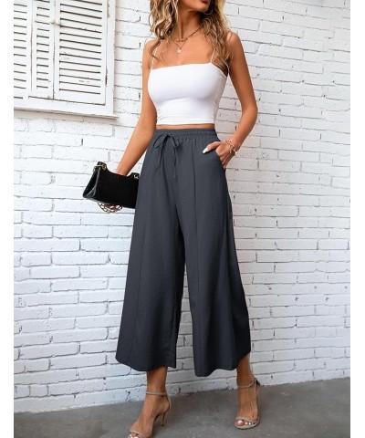 Women Linen Pants Palazzo Wide-Leg Drawstring Casual Loose Crop Elastic Waist Cotton Beach Pants Culottes Trousers Deep Gray ...