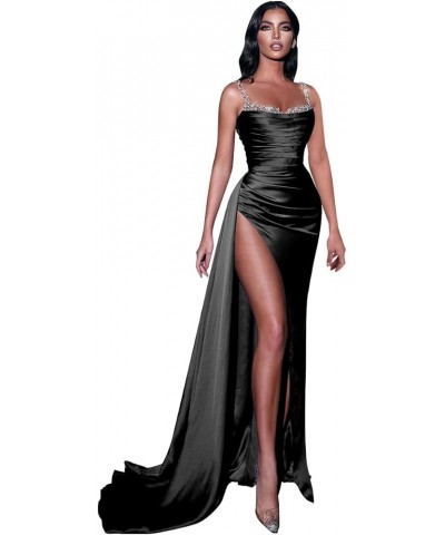 Women's Beaded Prom Dress Long Ball Gown Ruched Satin Bodycon Evening Formal Dress with Slit Black $27.95 Dresses