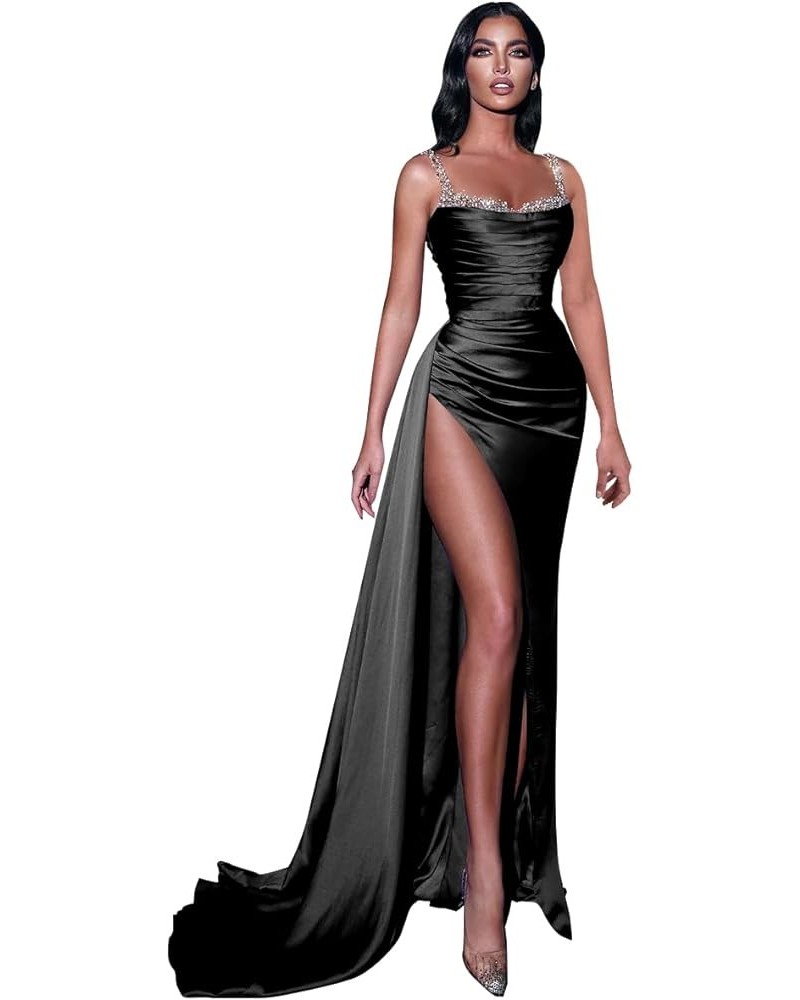 Women's Beaded Prom Dress Long Ball Gown Ruched Satin Bodycon Evening Formal Dress with Slit Black $27.95 Dresses