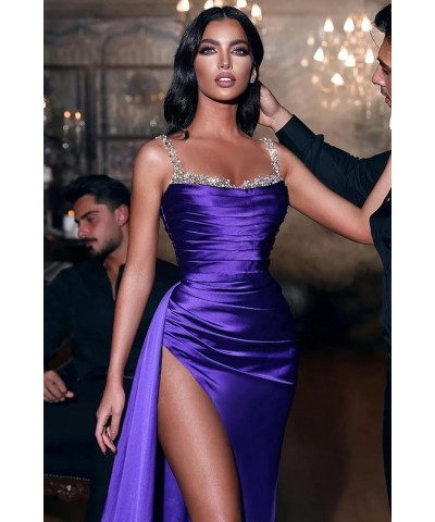 Women's Beaded Prom Dress Long Ball Gown Ruched Satin Bodycon Evening Formal Dress with Slit Black $27.95 Dresses