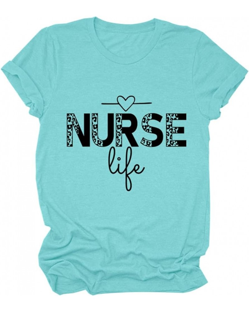 Womens Casual Short Sleeve Round Neck T-Shirt Loose Funny Nurse Letter Graphic Tee Tops Novelty Nurse Gift Tops C-aqua Blue $...