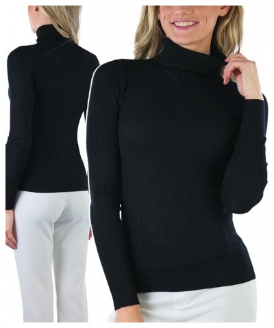 Women's Classic Knit Fold Over Turtleneck Pullover Slim Fit Classic Ribbed Knit Turtleneck - Black $13.48 Sweaters