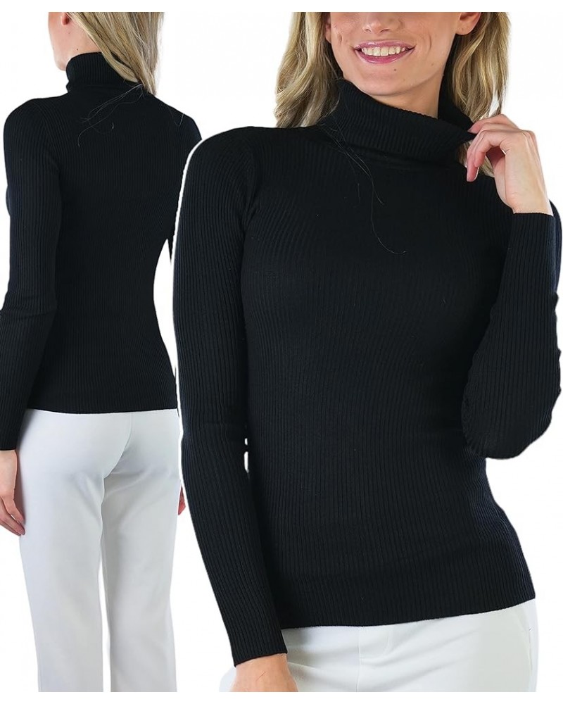 Women's Classic Knit Fold Over Turtleneck Pullover Slim Fit Classic Ribbed Knit Turtleneck - Black $13.48 Sweaters