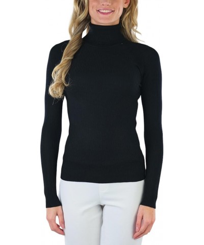 Women's Classic Knit Fold Over Turtleneck Pullover Slim Fit Classic Ribbed Knit Turtleneck - Black $13.48 Sweaters