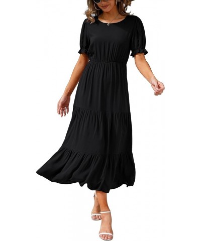 Women's 2024 Spring Summer Casual Loose Crewneck Boho Dress Ruffle Puff Sleeve High Waist Midi Dress Black $26.99 Dresses