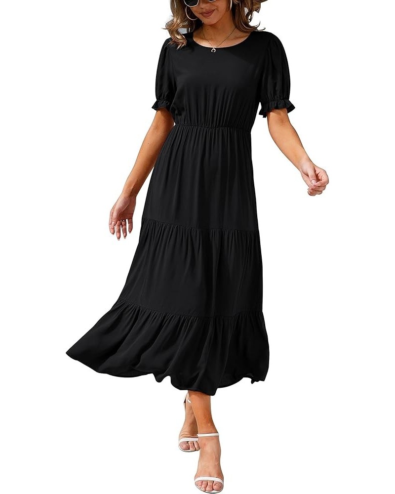 Women's 2024 Spring Summer Casual Loose Crewneck Boho Dress Ruffle Puff Sleeve High Waist Midi Dress Black $26.99 Dresses