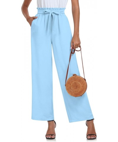 Womens Wide Leg Pants Drawstring High Waist Loose Casual Pants Long Straight Belted Pants Trousers with Pockets 004-light Blu...