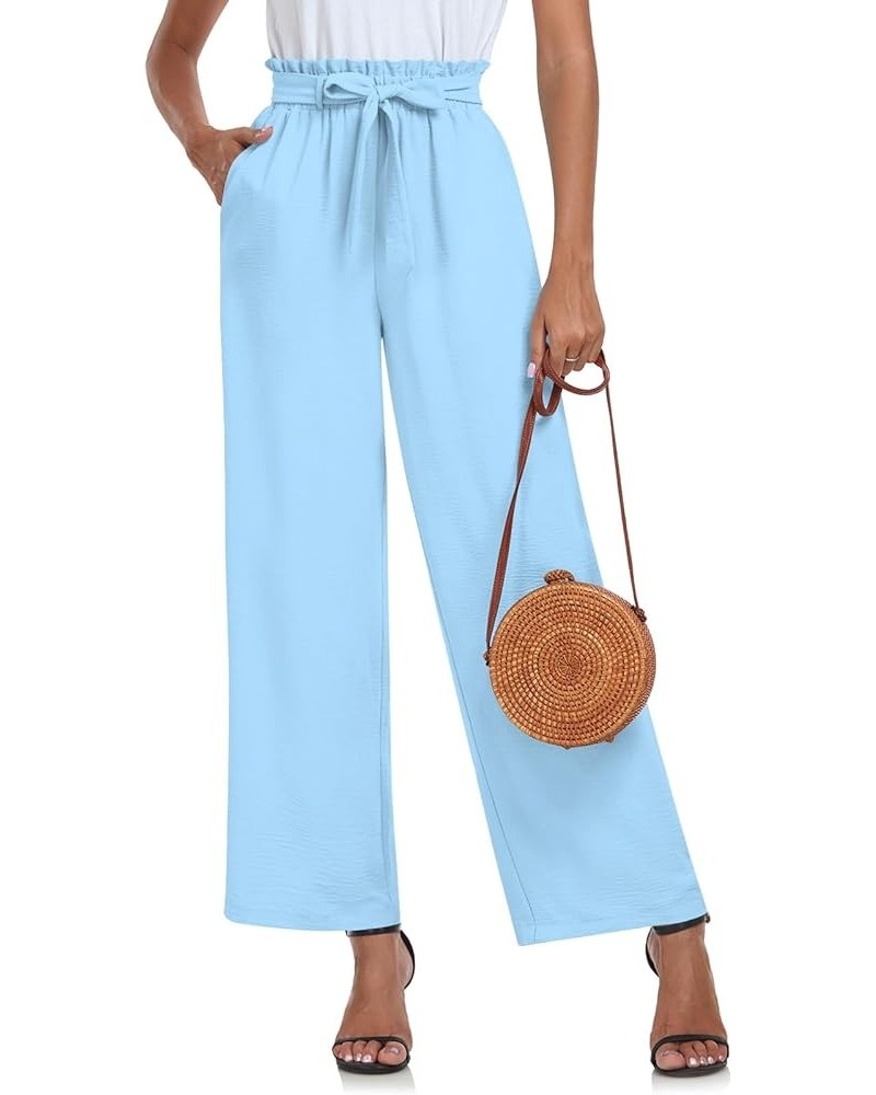 Womens Wide Leg Pants Drawstring High Waist Loose Casual Pants Long Straight Belted Pants Trousers with Pockets 004-light Blu...