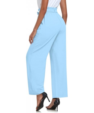 Womens Wide Leg Pants Drawstring High Waist Loose Casual Pants Long Straight Belted Pants Trousers with Pockets 004-light Blu...