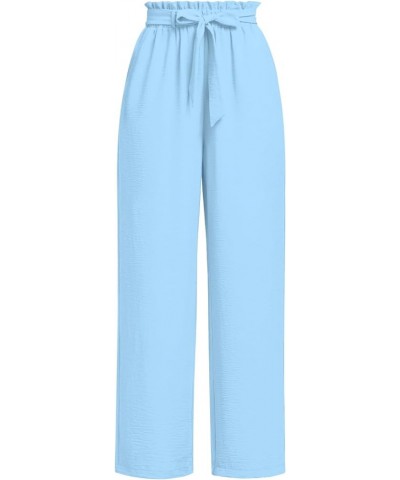 Womens Wide Leg Pants Drawstring High Waist Loose Casual Pants Long Straight Belted Pants Trousers with Pockets 004-light Blu...