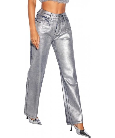 Women's Metallic High Waist Button Wide Leg Jeans Cocktail Party Denim Pants Grey $32.16 Jeans