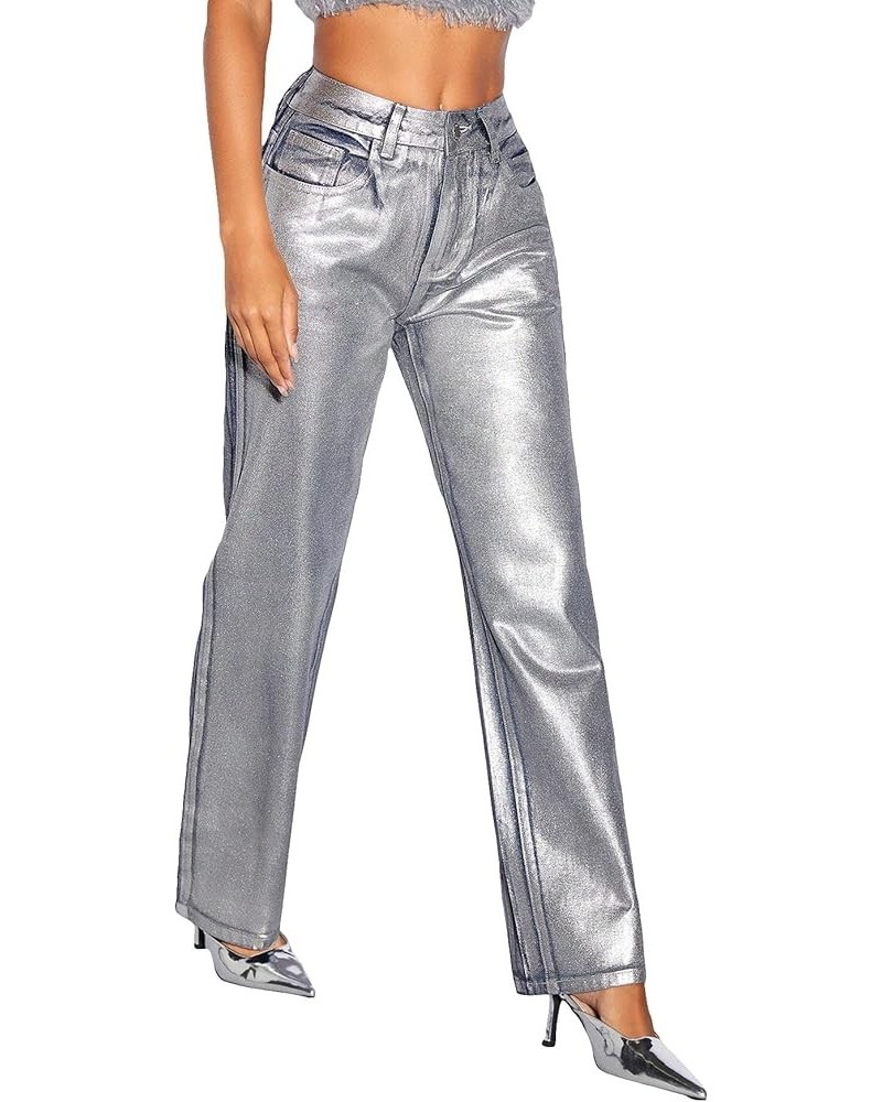 Women's Metallic High Waist Button Wide Leg Jeans Cocktail Party Denim Pants Grey $32.16 Jeans