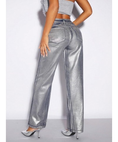 Women's Metallic High Waist Button Wide Leg Jeans Cocktail Party Denim Pants Grey $32.16 Jeans