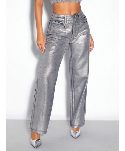 Women's Metallic High Waist Button Wide Leg Jeans Cocktail Party Denim Pants Grey $32.16 Jeans