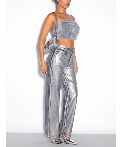 Women's Metallic High Waist Button Wide Leg Jeans Cocktail Party Denim Pants Grey $32.16 Jeans