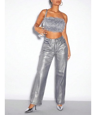 Women's Metallic High Waist Button Wide Leg Jeans Cocktail Party Denim Pants Grey $32.16 Jeans