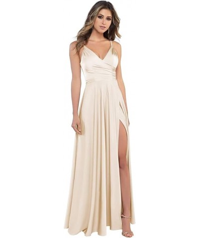 V Neck Bridesmaid Dresses Long with Slit A-line Prom Dresses for Women Satin Formal Evening Gown with Pockets Champage $31.24...